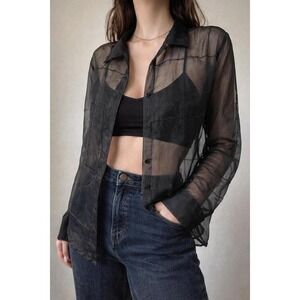 Y2K Sheer Black Button Up Blouse Beaded Grid Vintage 90s Size 14/16